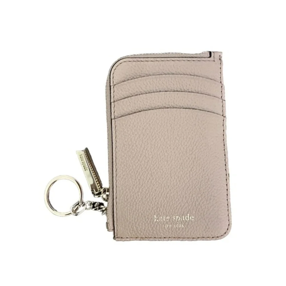 Kate Spade New York Pebbled Leather Zip Card Holder Key‎ Ring Taupe Mauve 11-11